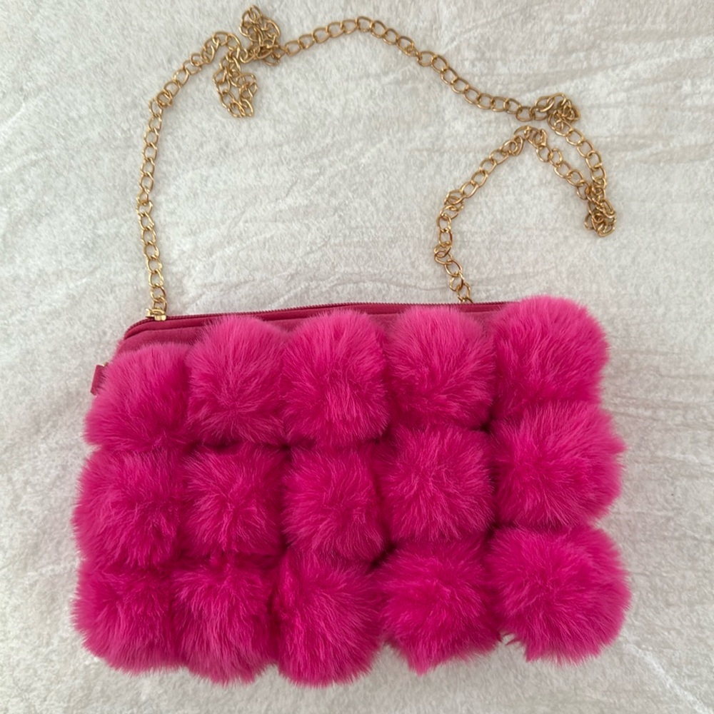 Faux Fur Ball Pom Pom Shoulder Bag